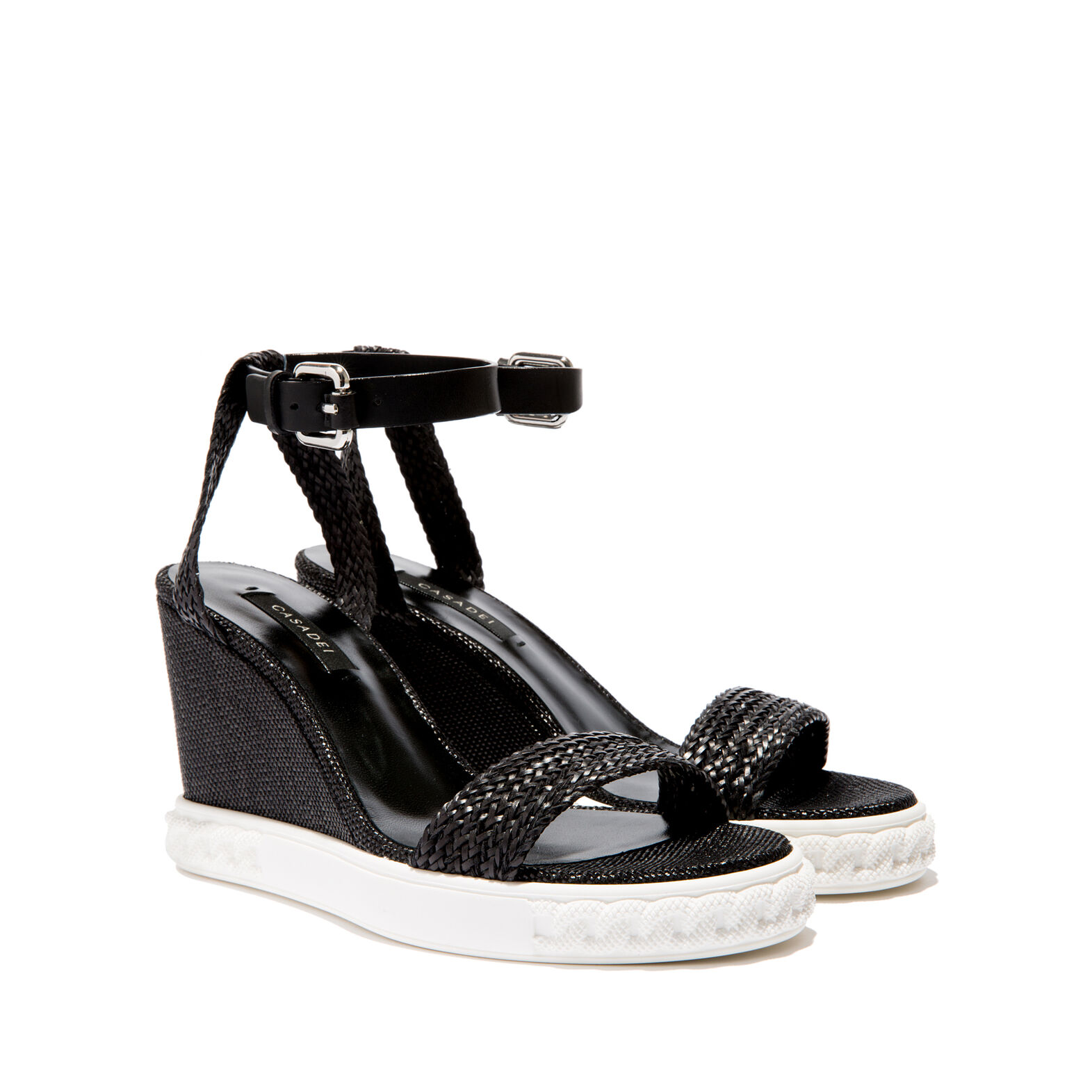CASADEI Woven Strap Wedge Sandals, Black | ModeSens
