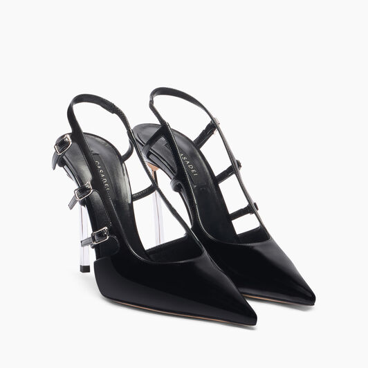 Casadei Superblade Straps Patent Leather Slingbacks Black 1G631J100MC1313
