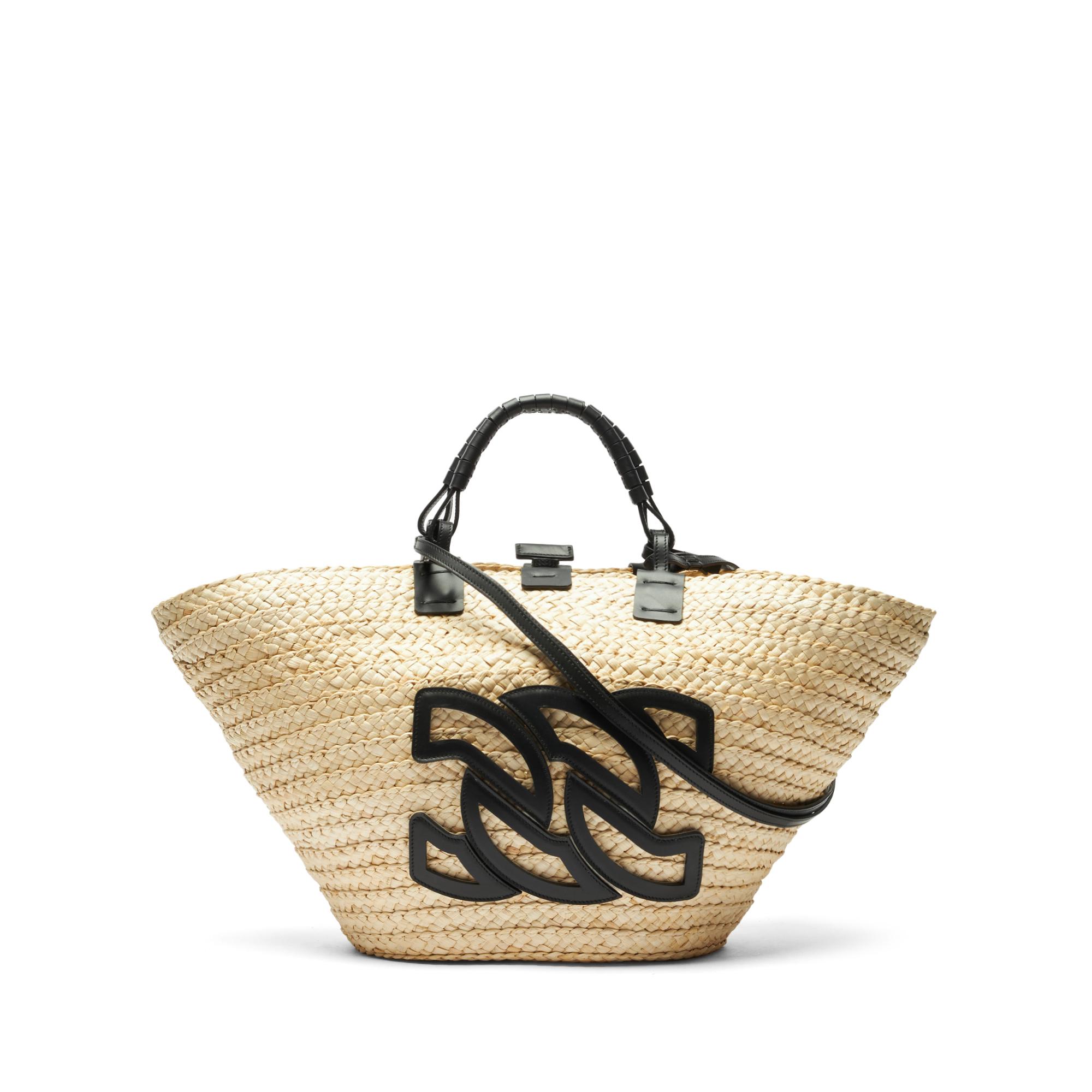 Shop Casadei Panarea Raffia Basket Bag - Woman Bags Natur And Black Qt