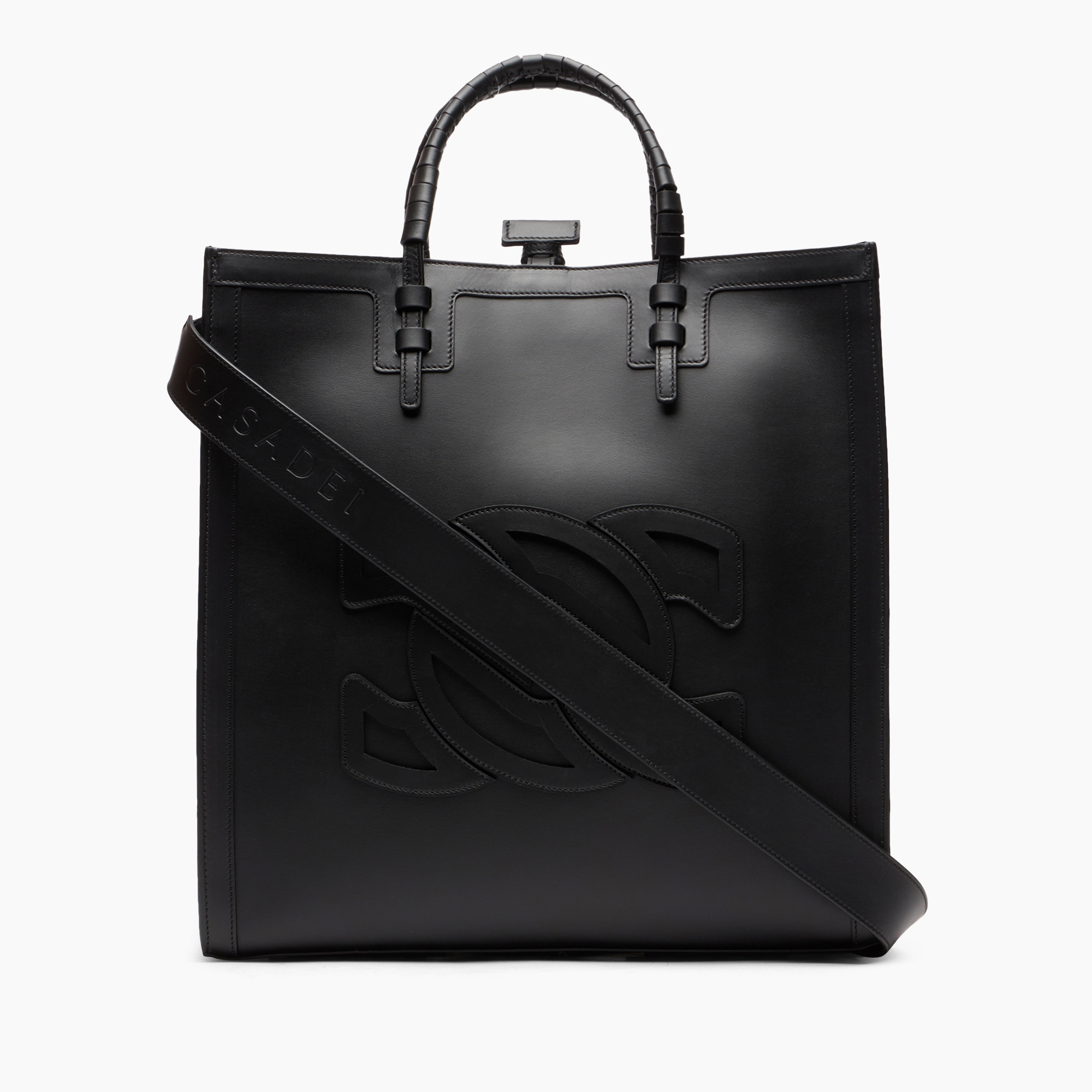 Casadei Braided-handle Embossed-logo Tote Bag In Black